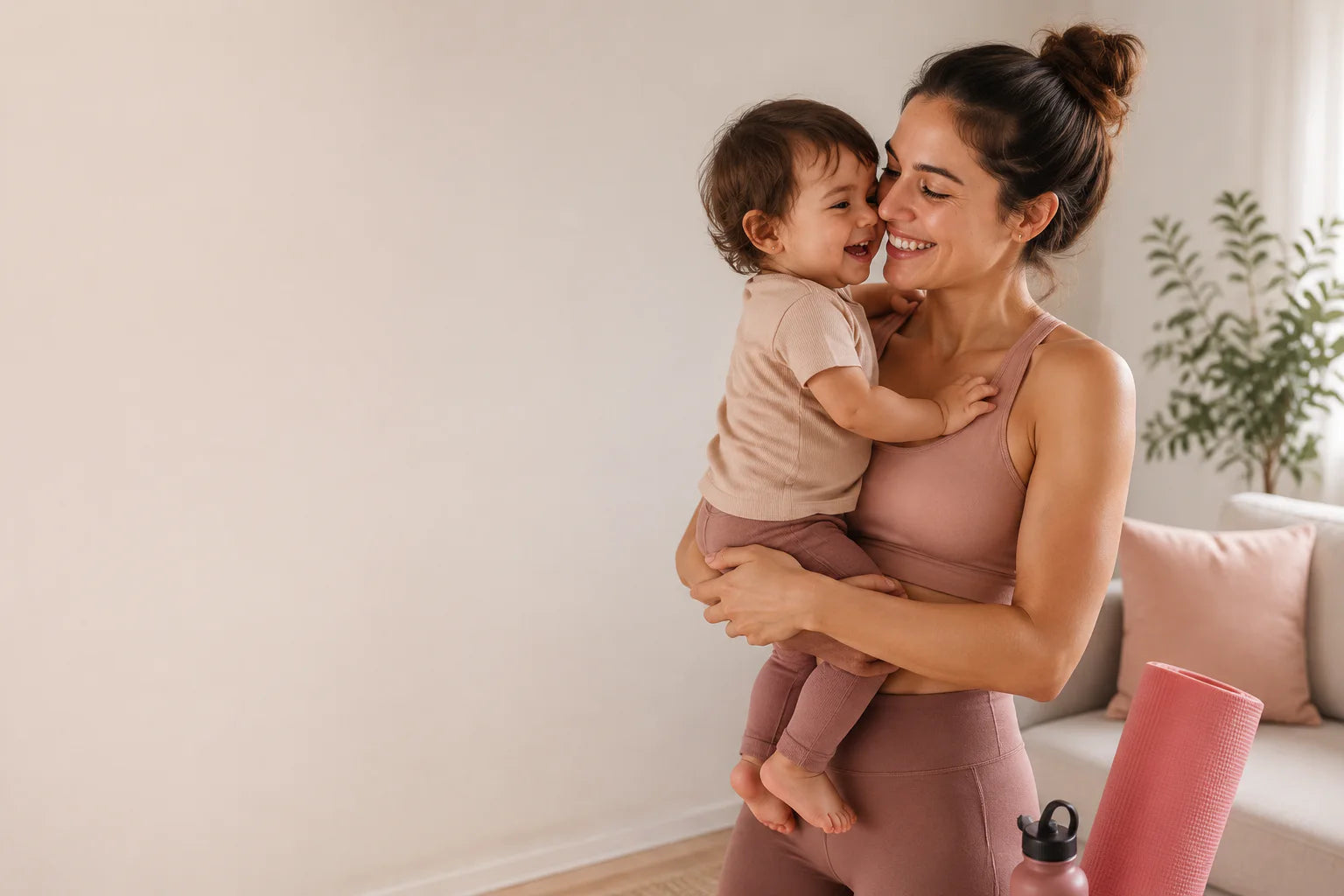 Mamá junto a su bebé después de entrenar