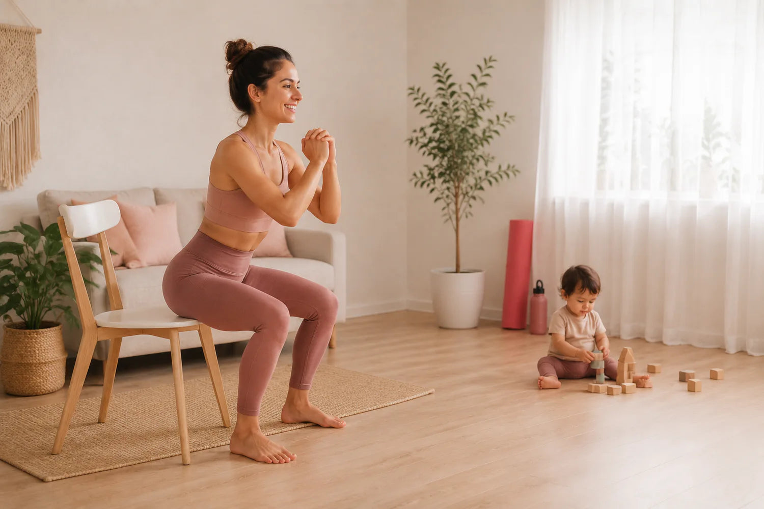 Mamá entrenando en su casa mientras su bebé juega cerca